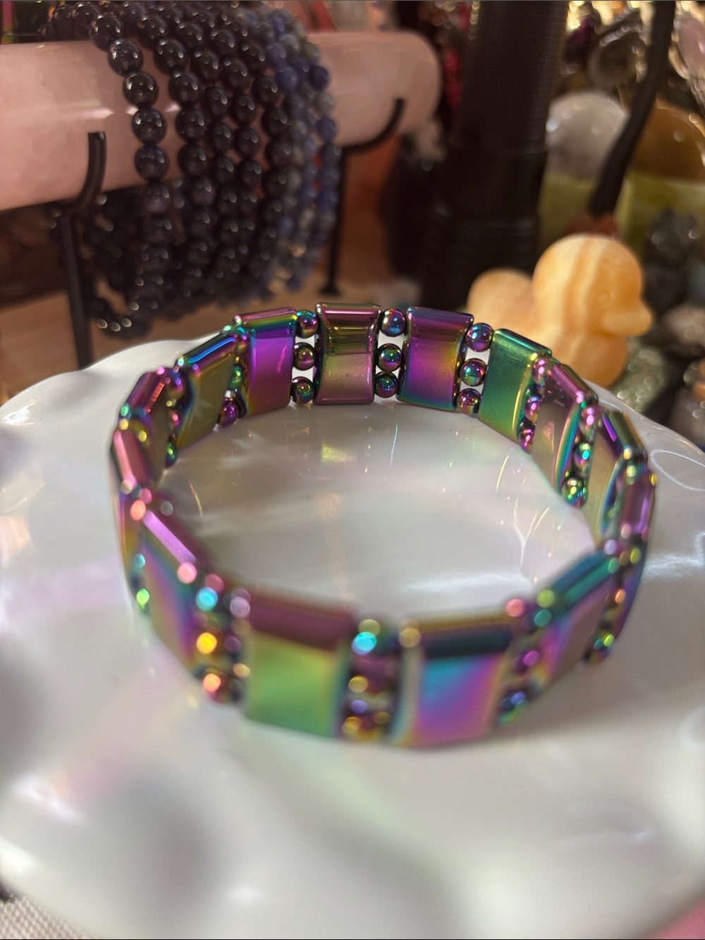 Rainbow Hematite Iridescent Tile Stretch Bracelet